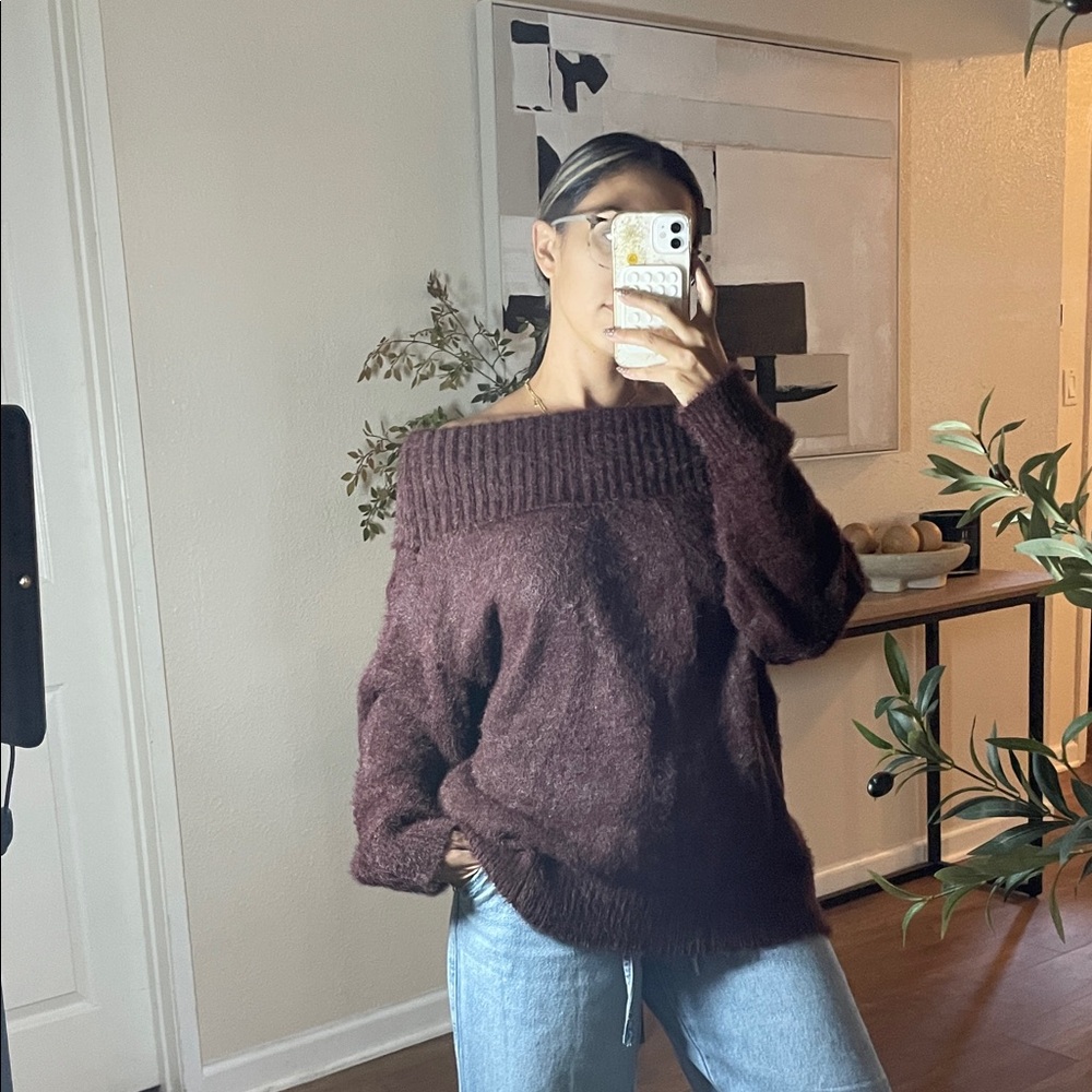 Women's Off-Shoulder Burgundy Sweater